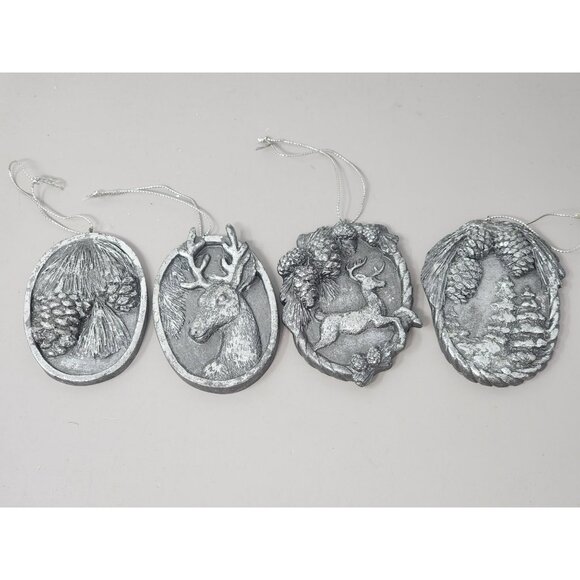 Set Of 4 Silver Tone Pinecone & Deer Hanging Christmas/Holiday‎ Ornaments - Picture 1 of 8